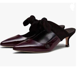 FOWT Burgundy Pointed Toe Mules with Bow Kitten Heel Backless Dress Sandals